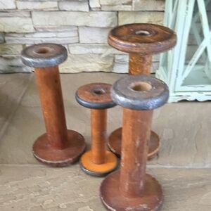 Vintage Wooden Spool Set with Metal Accents